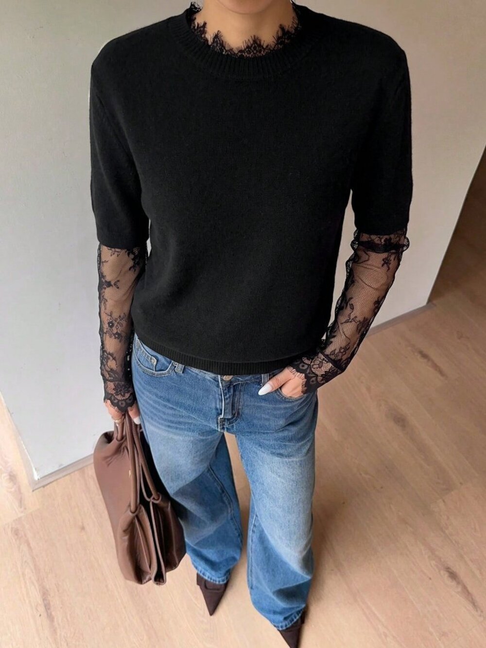 Black Casual Women's Lace detailed Drop Shoulder Round Neck Sweater